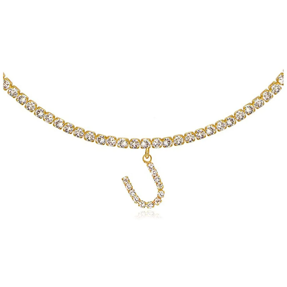 Personalised diamond letter necklace with rhinestone pendant on claw chain in gold finish