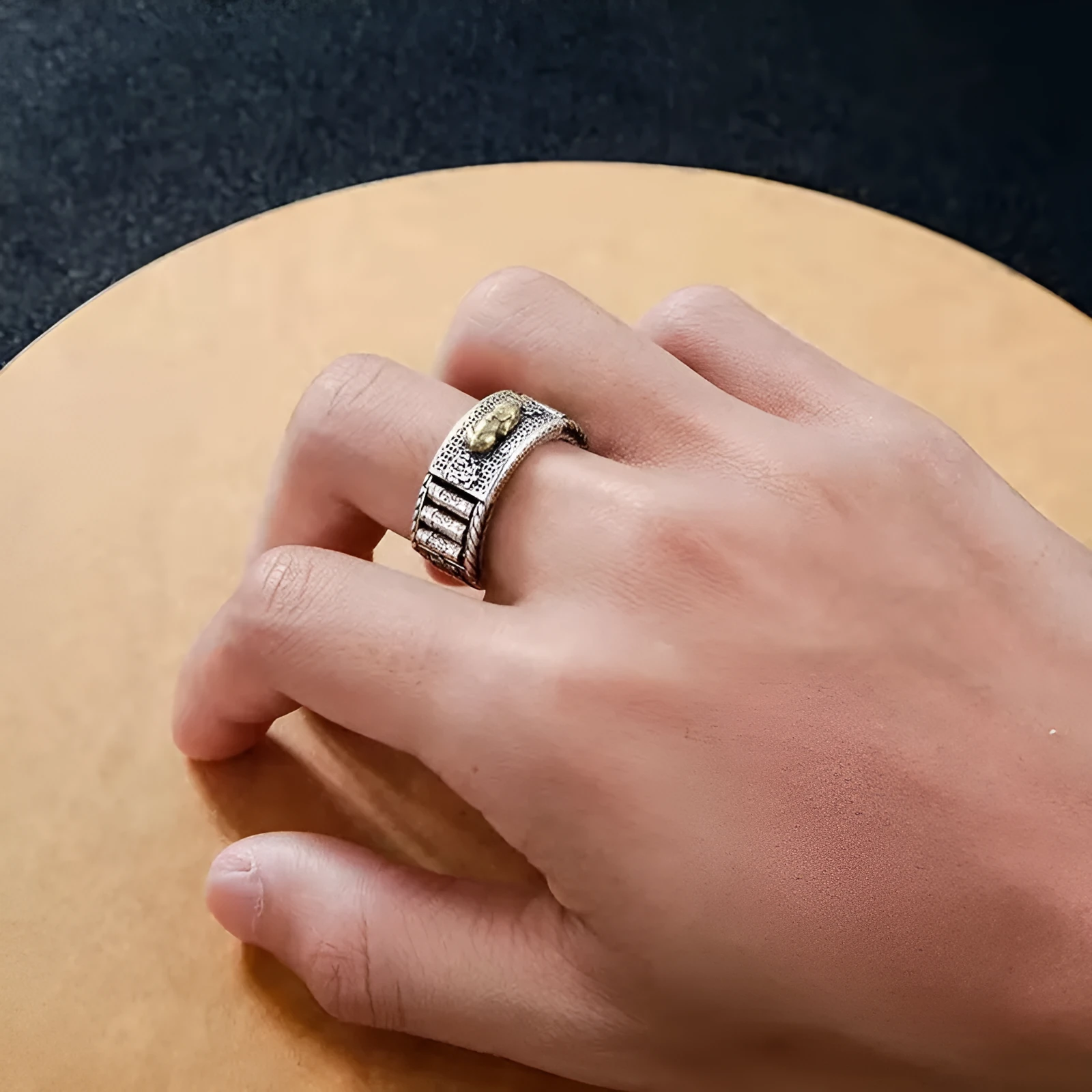 Copper couple ring adjustable from size 25 to 35, 1.5cm wide band in gold finish