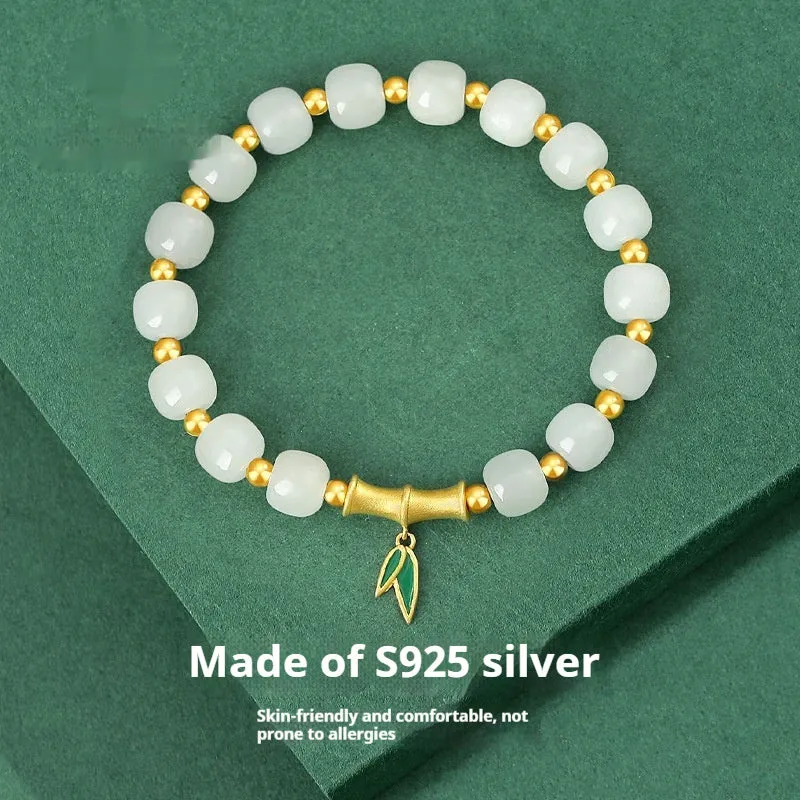 Women's S925 sterling silver bracelet with 6mm Hetian jade bamboo leaf beads in gold colour finish