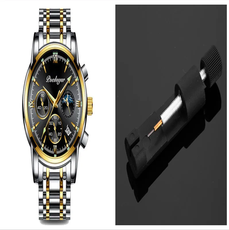 Men's waterproof luminous multifunctional watch with steel strap and black dial showing calendar
