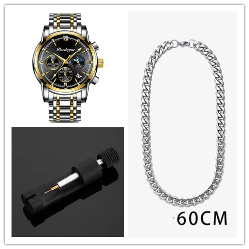 Men's waterproof luminous multifunctional watch with steel strap and black dial showing calendar