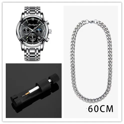 Men's waterproof luminous multifunctional watch with steel strap and black dial showing calendar