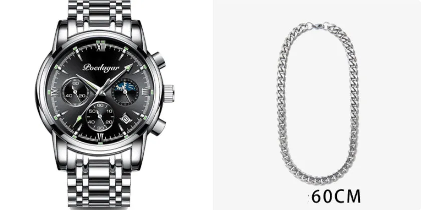 Men's waterproof luminous multifunctional watch with steel strap and black dial showing calendar