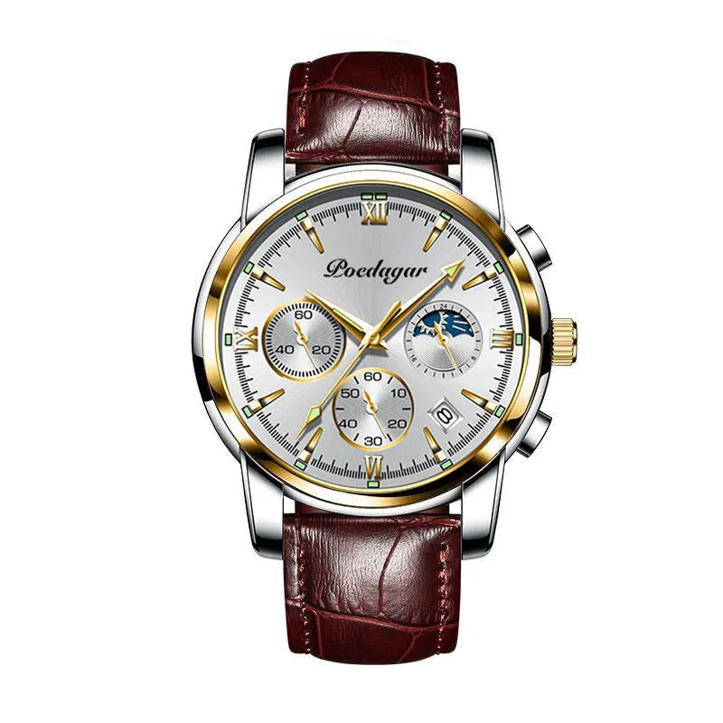 Men's waterproof luminous multifunctional watch with steel strap and black dial showing calendar