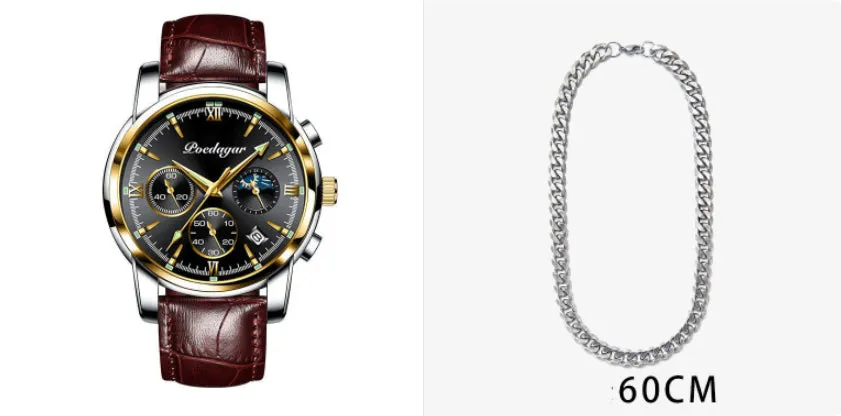 Men's waterproof luminous multifunctional watch with steel strap and black dial showing calendar