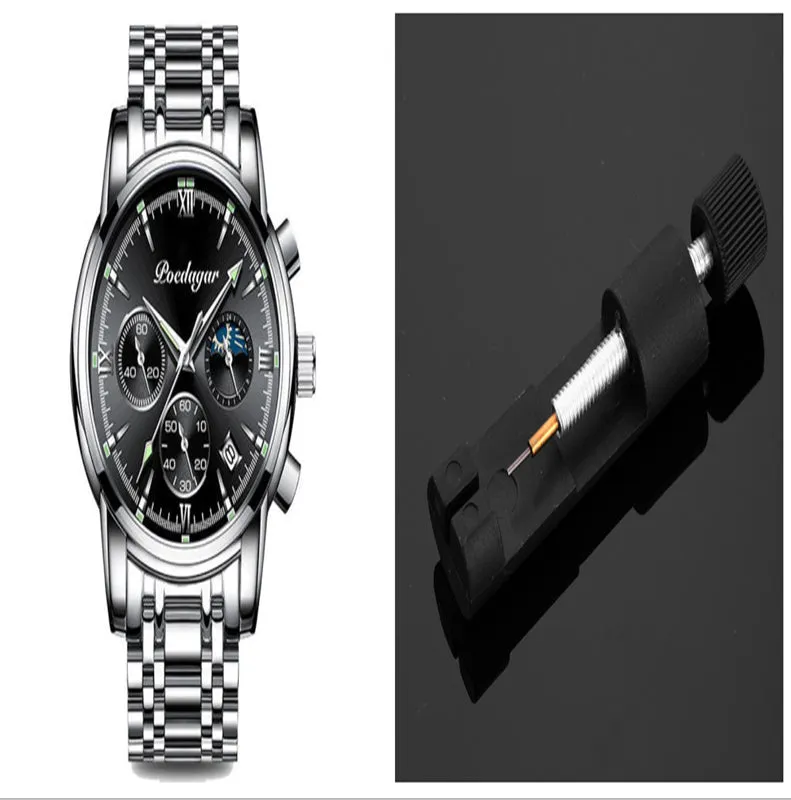 Men's waterproof luminous multifunctional watch with steel strap and black dial showing calendar