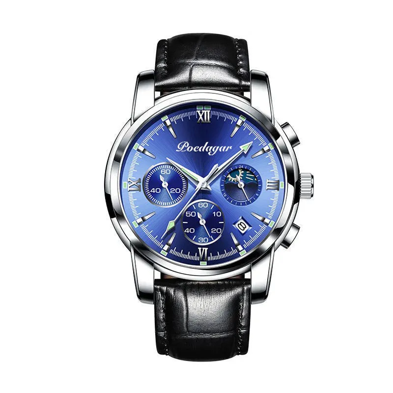 Men's waterproof luminous multifunctional watch with steel strap and black dial showing calendar