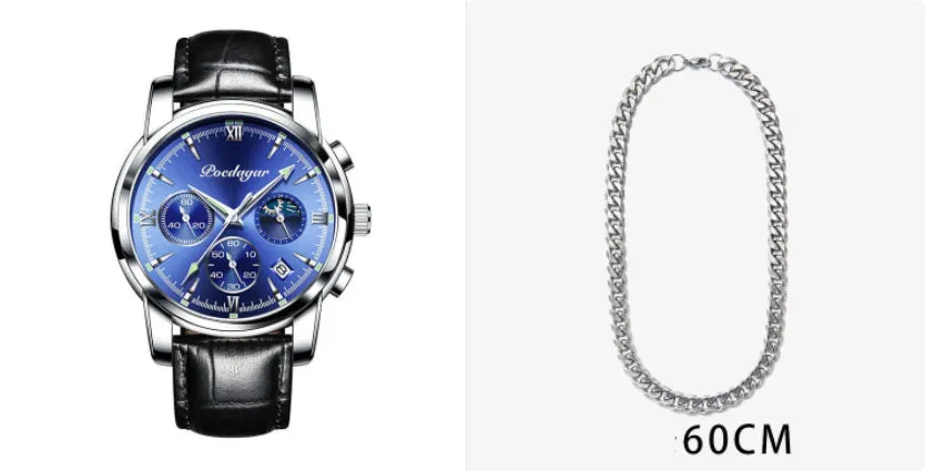 Men's waterproof luminous multifunctional watch with steel strap and black dial showing calendar