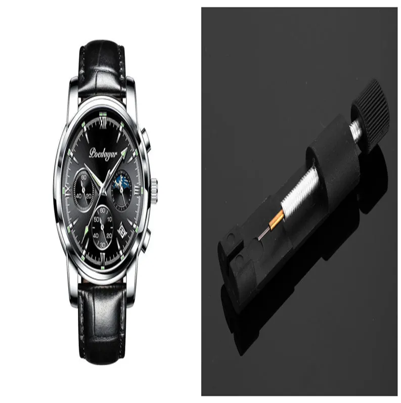Men's waterproof luminous multifunctional watch with steel strap and black dial showing calendar