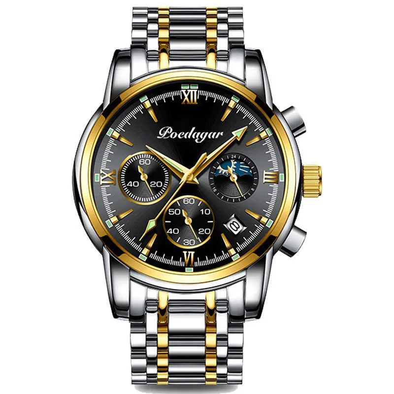Men's waterproof luminous multifunctional watch with steel strap and black dial showing calendar