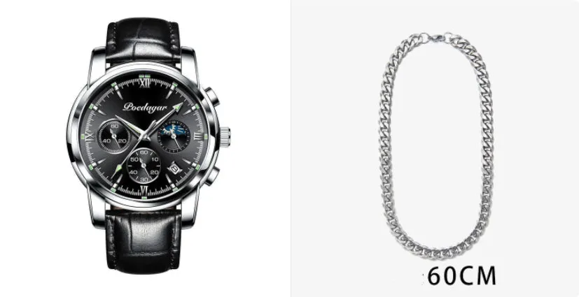 Men's waterproof luminous multifunctional watch with steel strap and black dial showing calendar