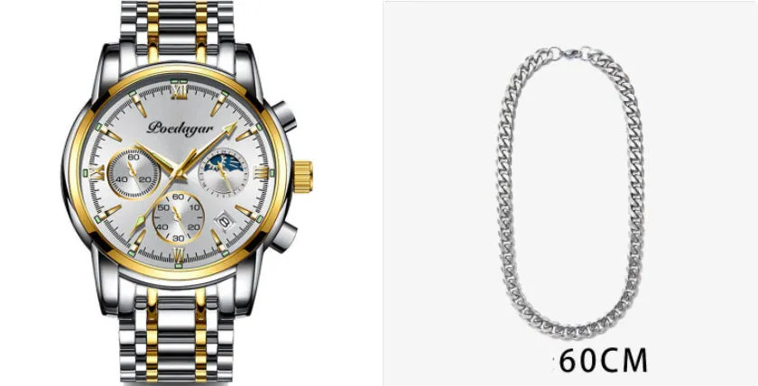 Men's waterproof luminous multifunctional watch with steel strap and black dial showing calendar