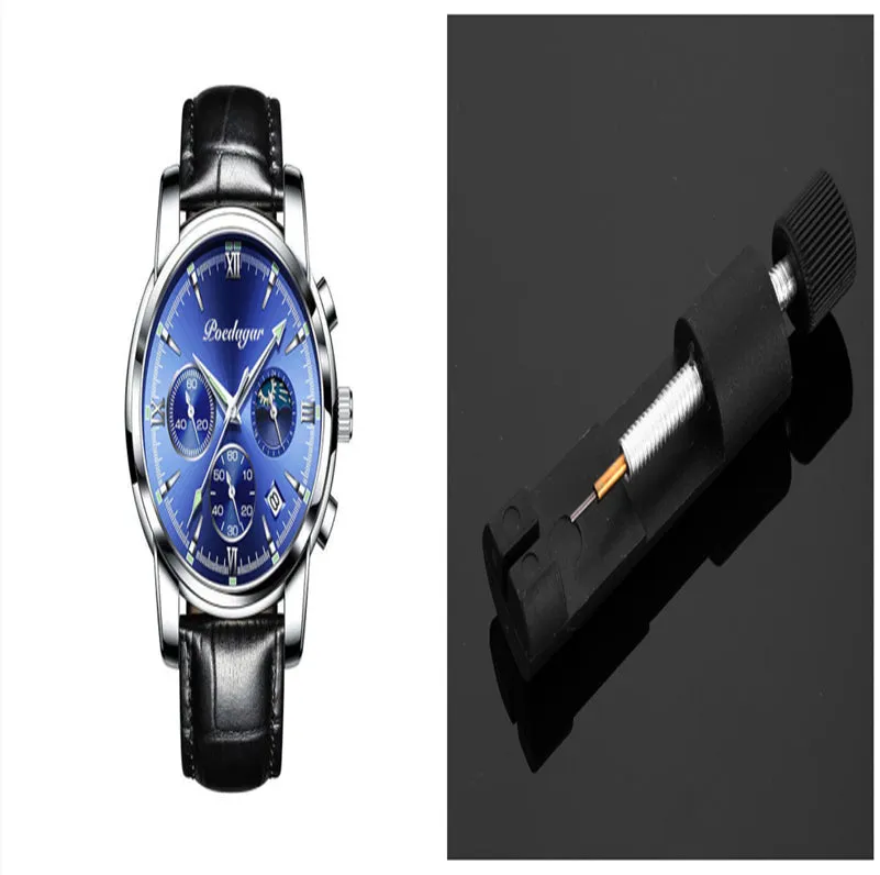 Men's waterproof luminous multifunctional watch with steel strap and black dial showing calendar
