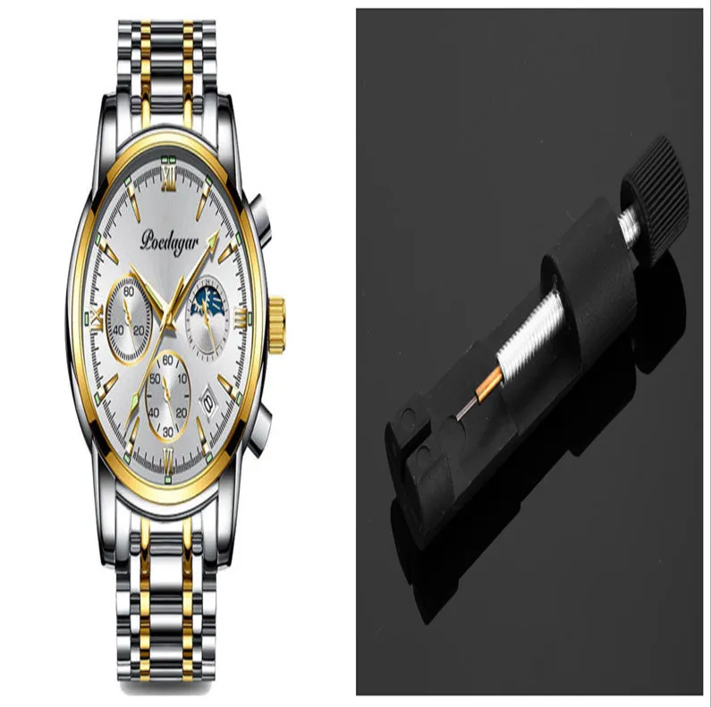Men's waterproof luminous multifunctional watch with steel strap and black dial showing calendar