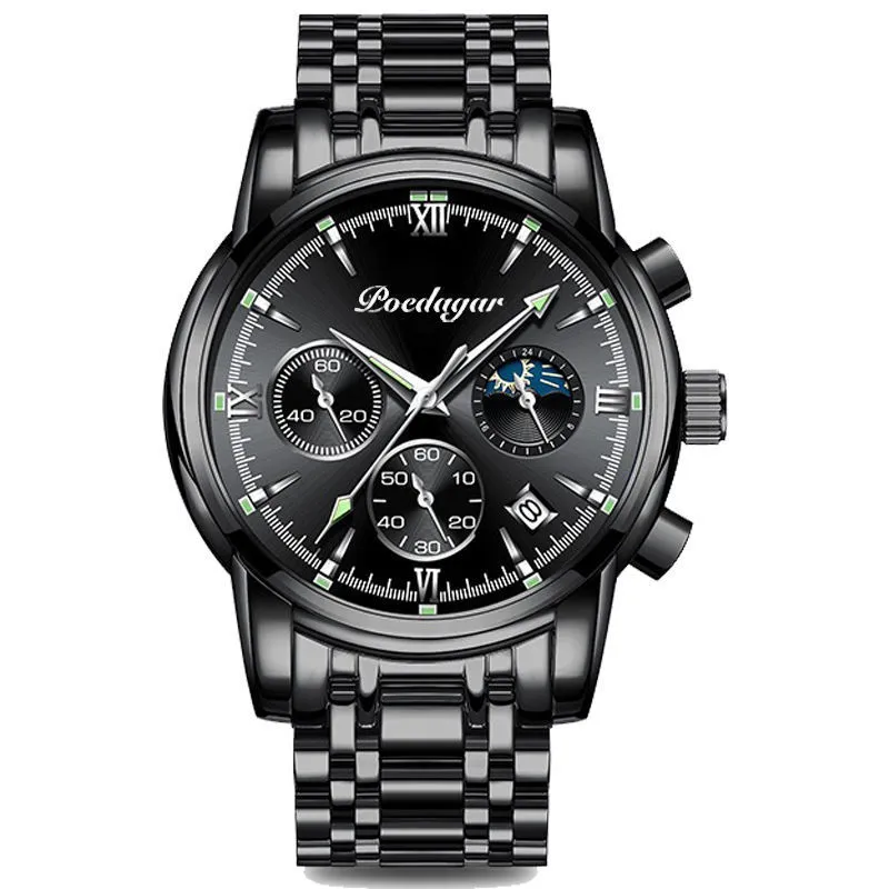 Men's waterproof luminous multifunctional watch with steel strap and black dial showing calendar