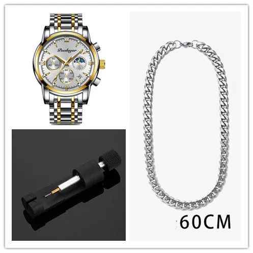 Men's waterproof luminous multifunctional watch with steel strap and black dial showing calendar