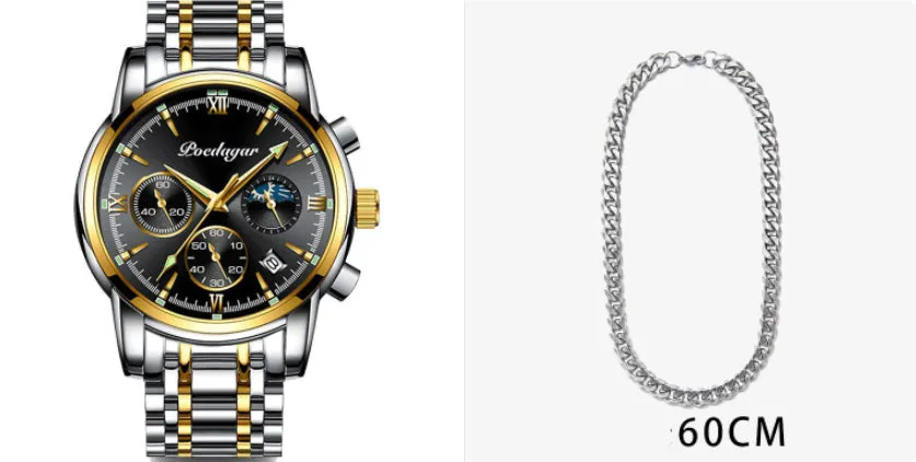 Men's waterproof luminous multifunctional watch with steel strap and black dial showing calendar