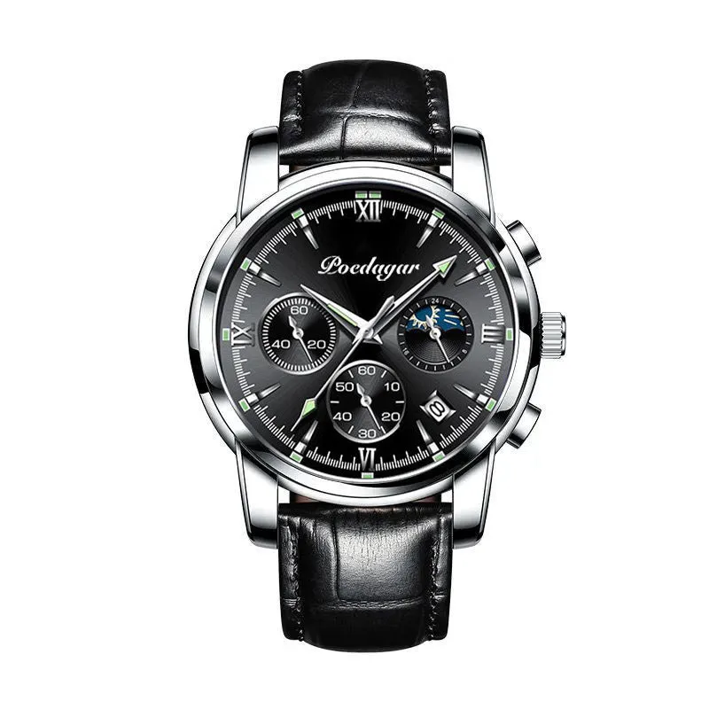 Men's waterproof luminous multifunctional watch with steel strap and black dial showing calendar