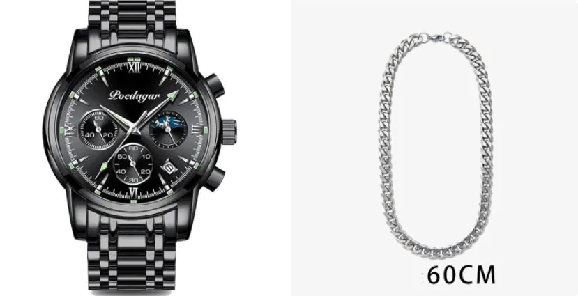 Men's waterproof luminous multifunctional watch with steel strap and black dial showing calendar