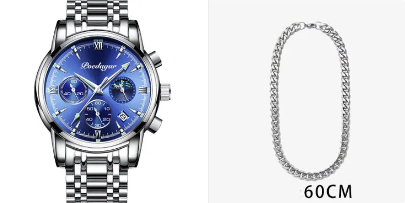 Men's waterproof luminous multifunctional watch with steel strap and black dial showing calendar