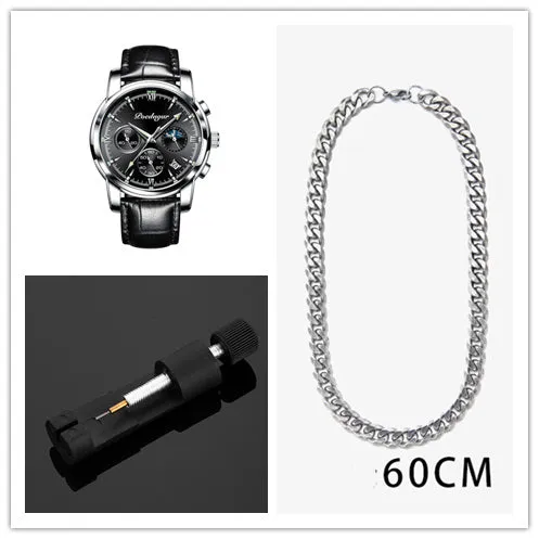Men's waterproof luminous multifunctional watch with steel strap and black dial showing calendar