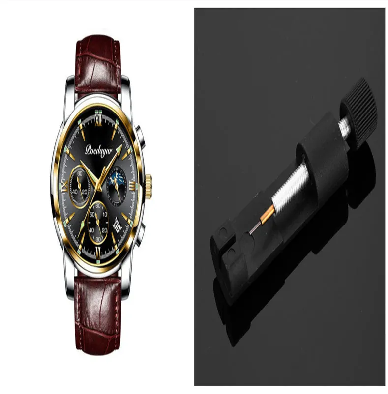 Men's waterproof luminous multifunctional watch with steel strap and black dial showing calendar