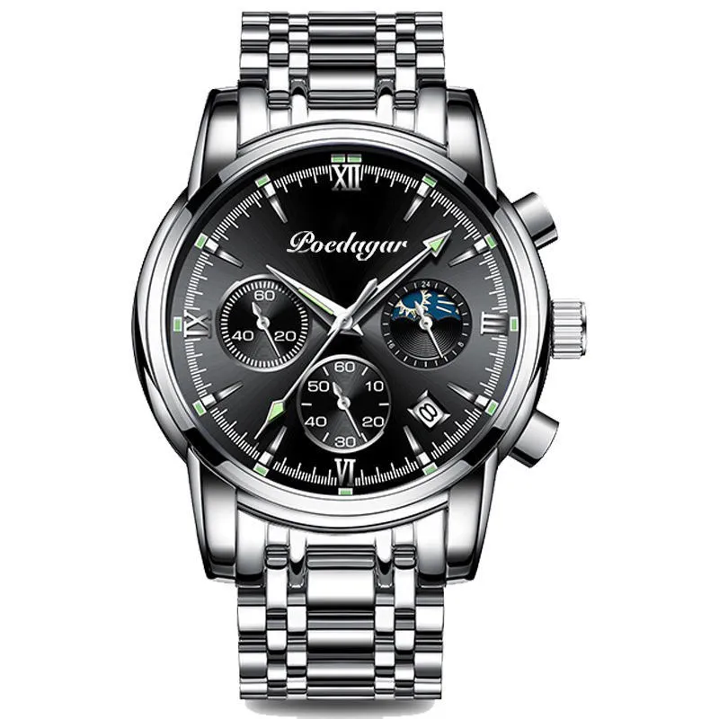 Men's waterproof luminous multifunctional watch with steel strap and black dial showing calendar
