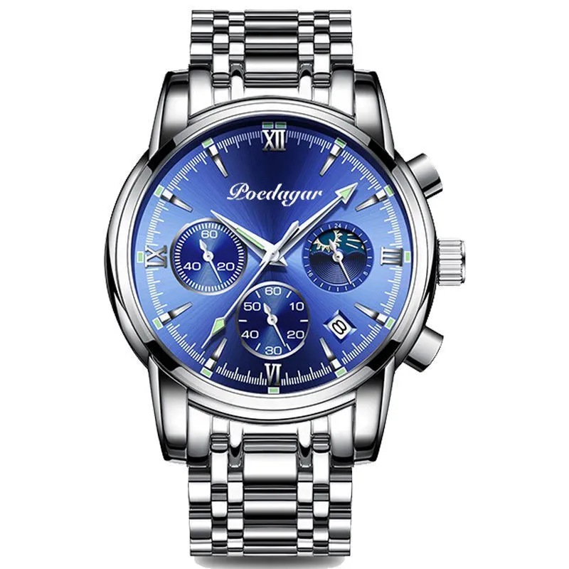 Men's waterproof luminous multifunctional watch with steel strap and black dial showing calendar