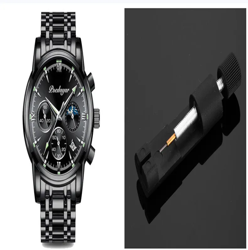 Men's waterproof luminous multifunctional watch with steel strap and black dial showing calendar