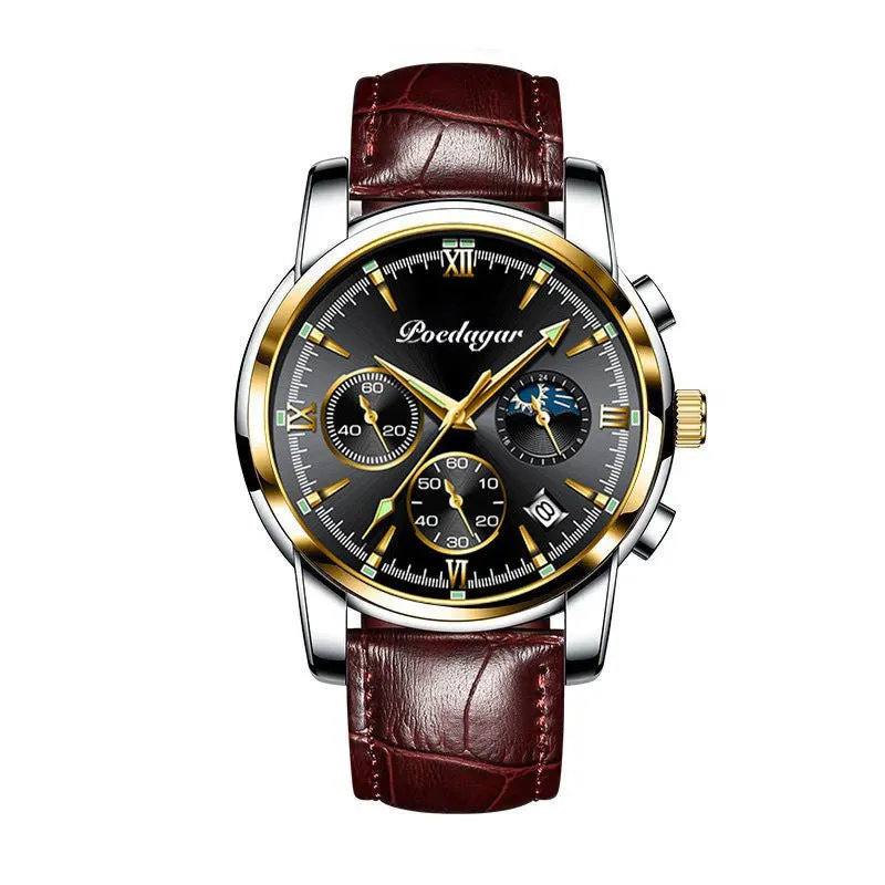 Men's waterproof luminous multifunctional watch with steel strap and black dial showing calendar