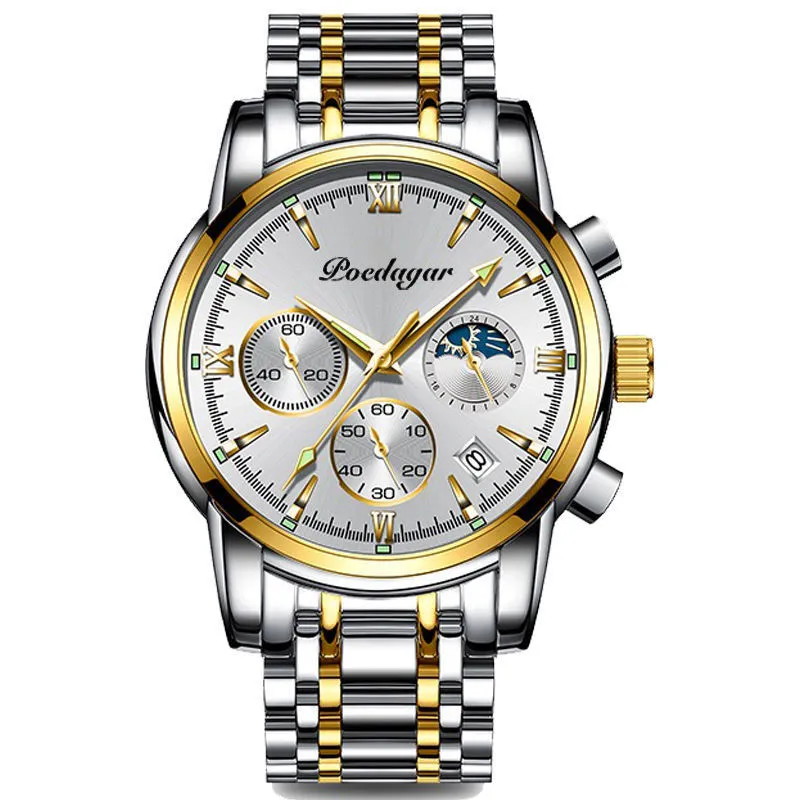 Men's waterproof luminous multifunctional watch with steel strap and black dial showing calendar