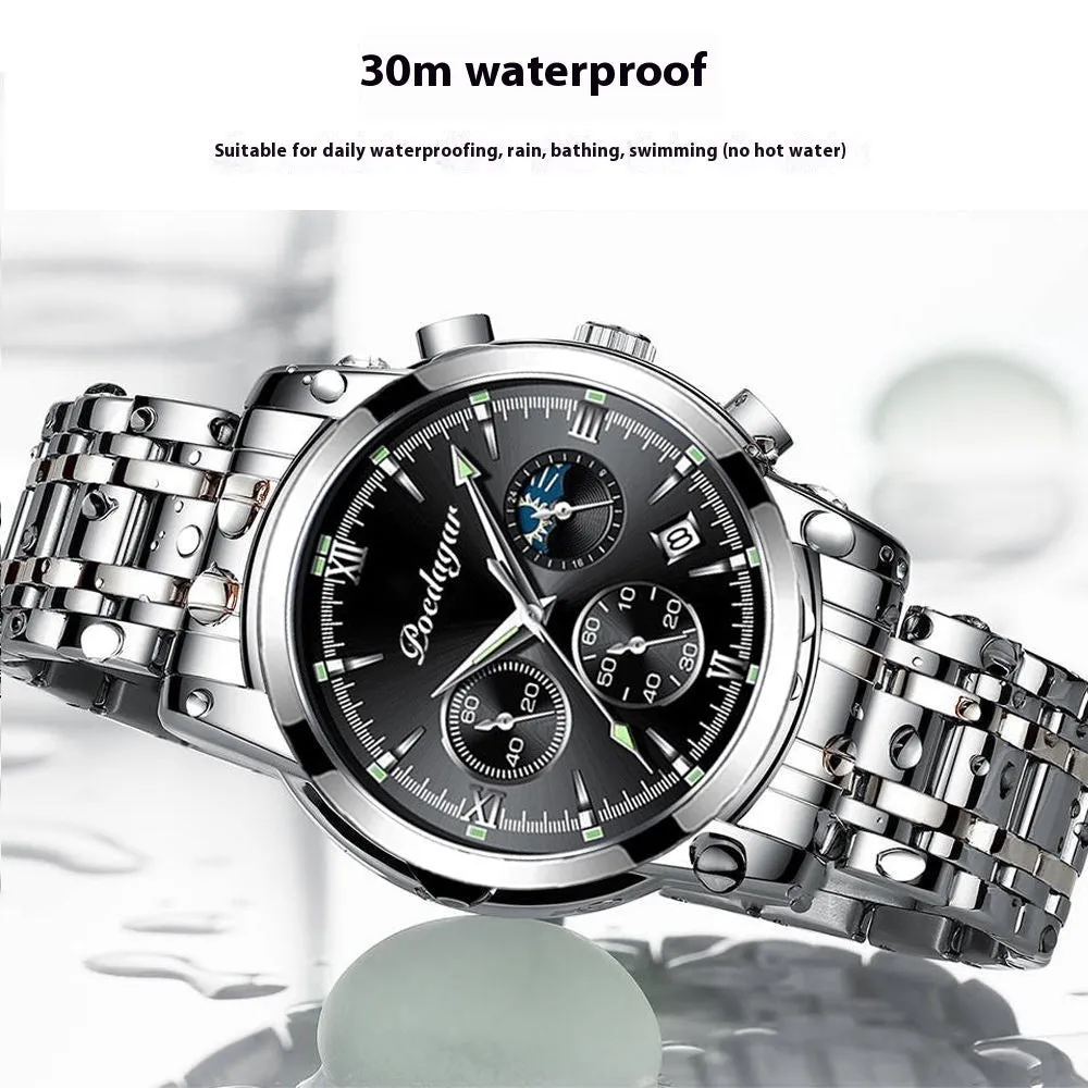 Men's waterproof luminous multifunctional watch with steel strap and black dial showing calendar