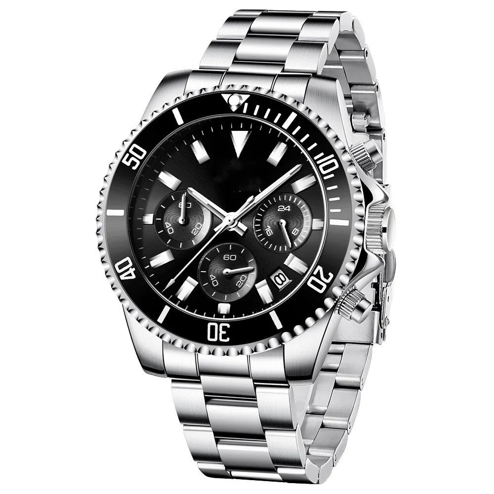 Men's casual steel band watch with night light, 43mm round alloy case, stainless steel buckle, black dial