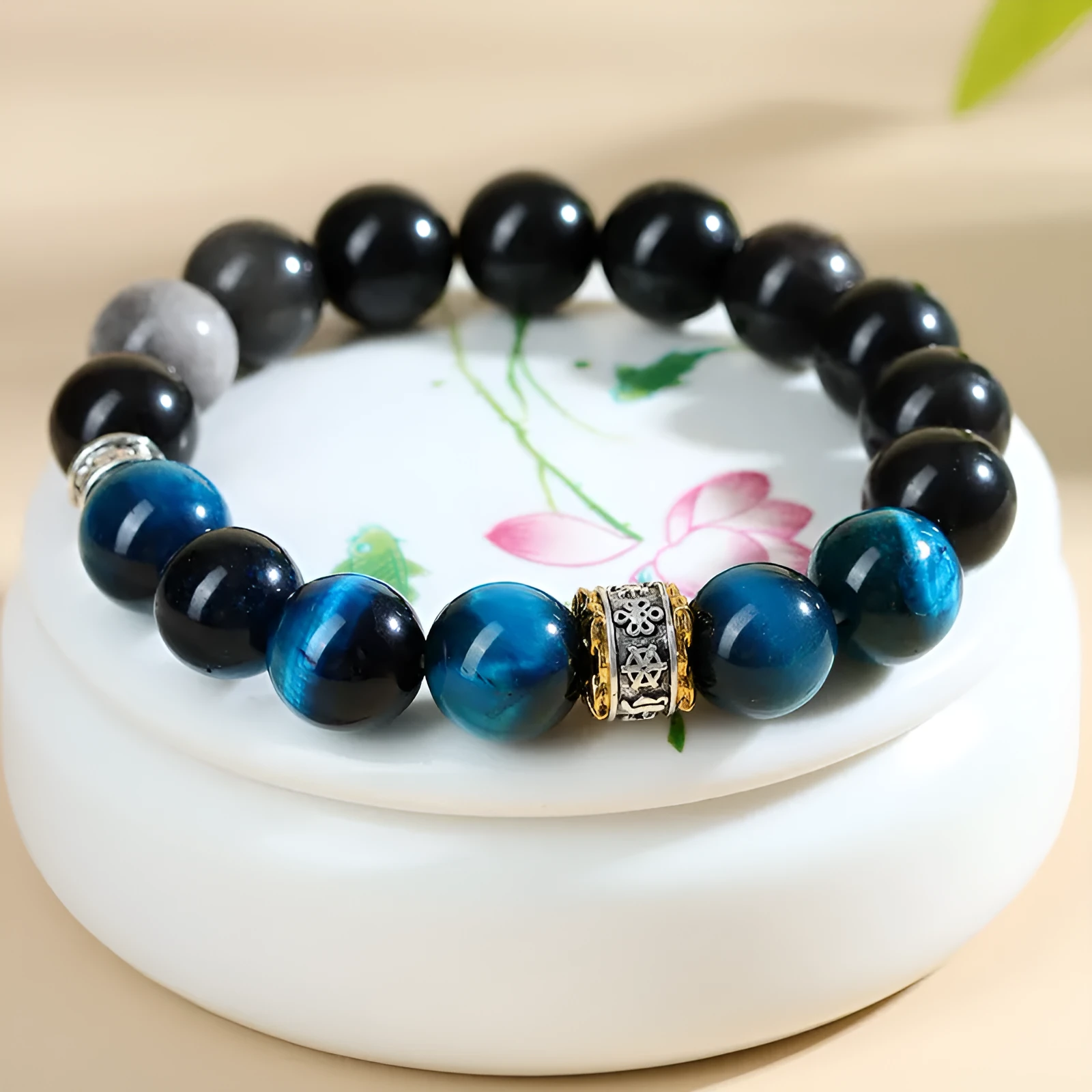 Handmade peacock blue Tigereye stone bracelet with geometric round beads and silver-coloured settings