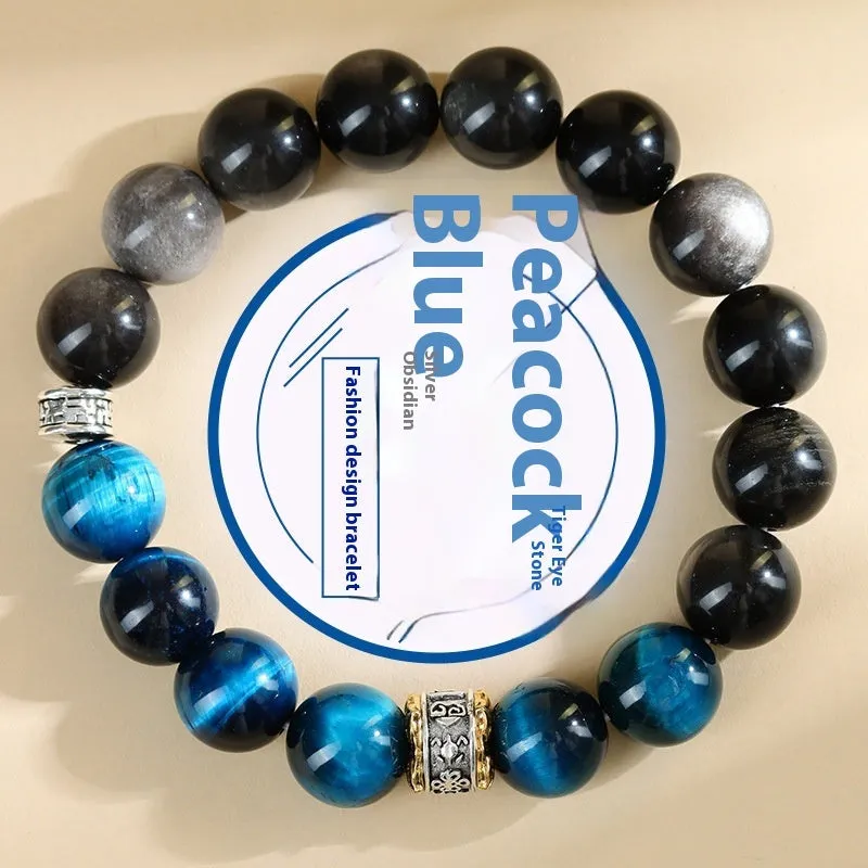 Handmade peacock blue Tigereye stone bracelet with geometric round beads and silver-coloured settings