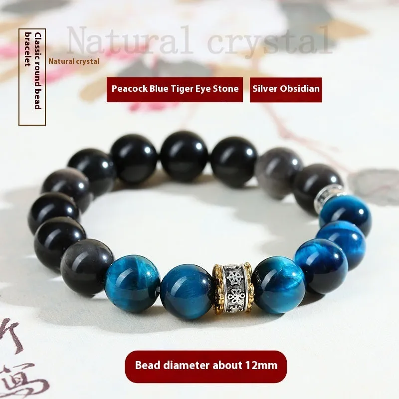 Handmade peacock blue Tigereye stone bracelet with geometric round beads and silver-coloured settings