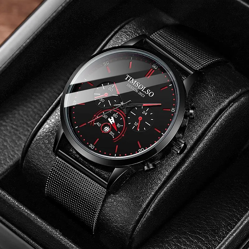 Ultra-thin 6mm calendar quartz watch with black two-tone metal strap, white dial, and date window
