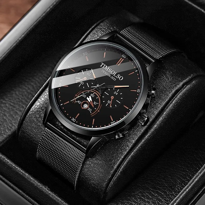 Ultra-thin 6mm calendar quartz watch with black two-tone metal strap, white dial, and date window