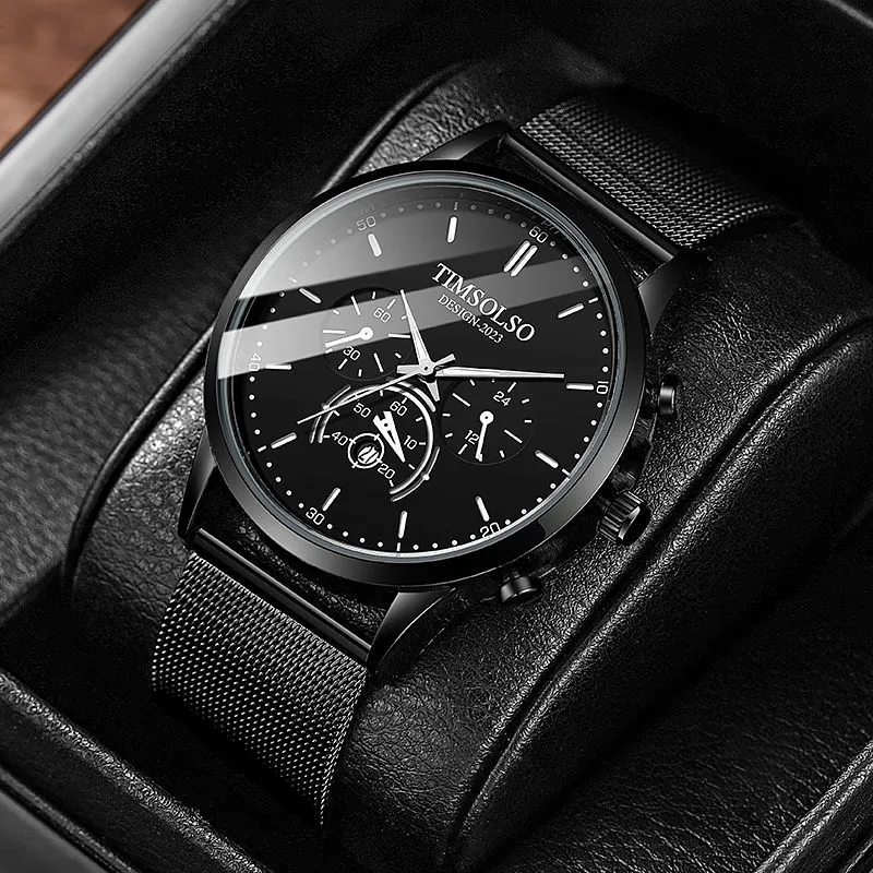 Ultra-thin 6mm calendar quartz watch with black two-tone metal strap, white dial, and date window