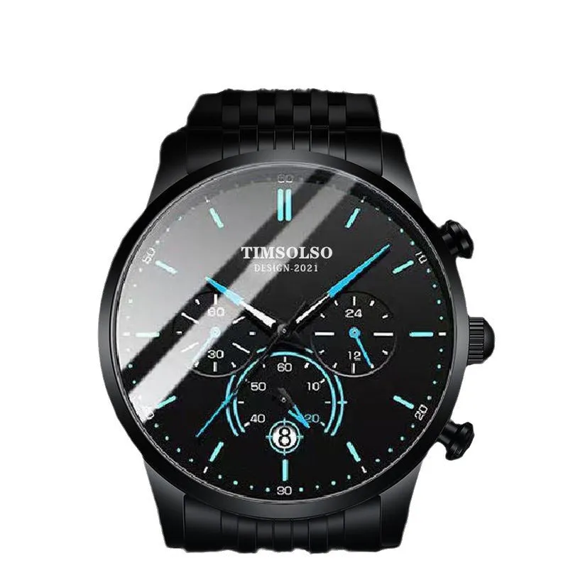 Ultra-thin 6mm calendar quartz watch with black two-tone metal strap, white dial, and date window