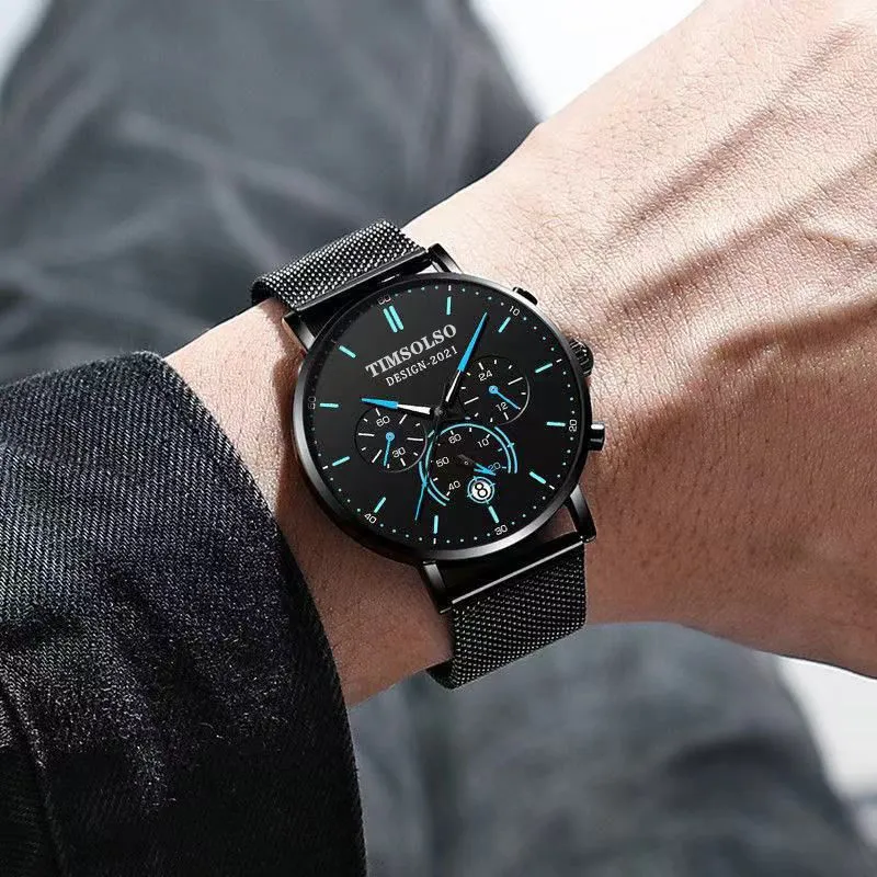 Ultra-thin 6mm calendar quartz watch with black two-tone metal strap, white dial, and date window