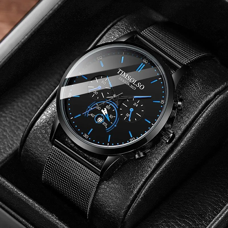 Ultra-thin 6mm calendar quartz watch with black two-tone metal strap, white dial, and date window