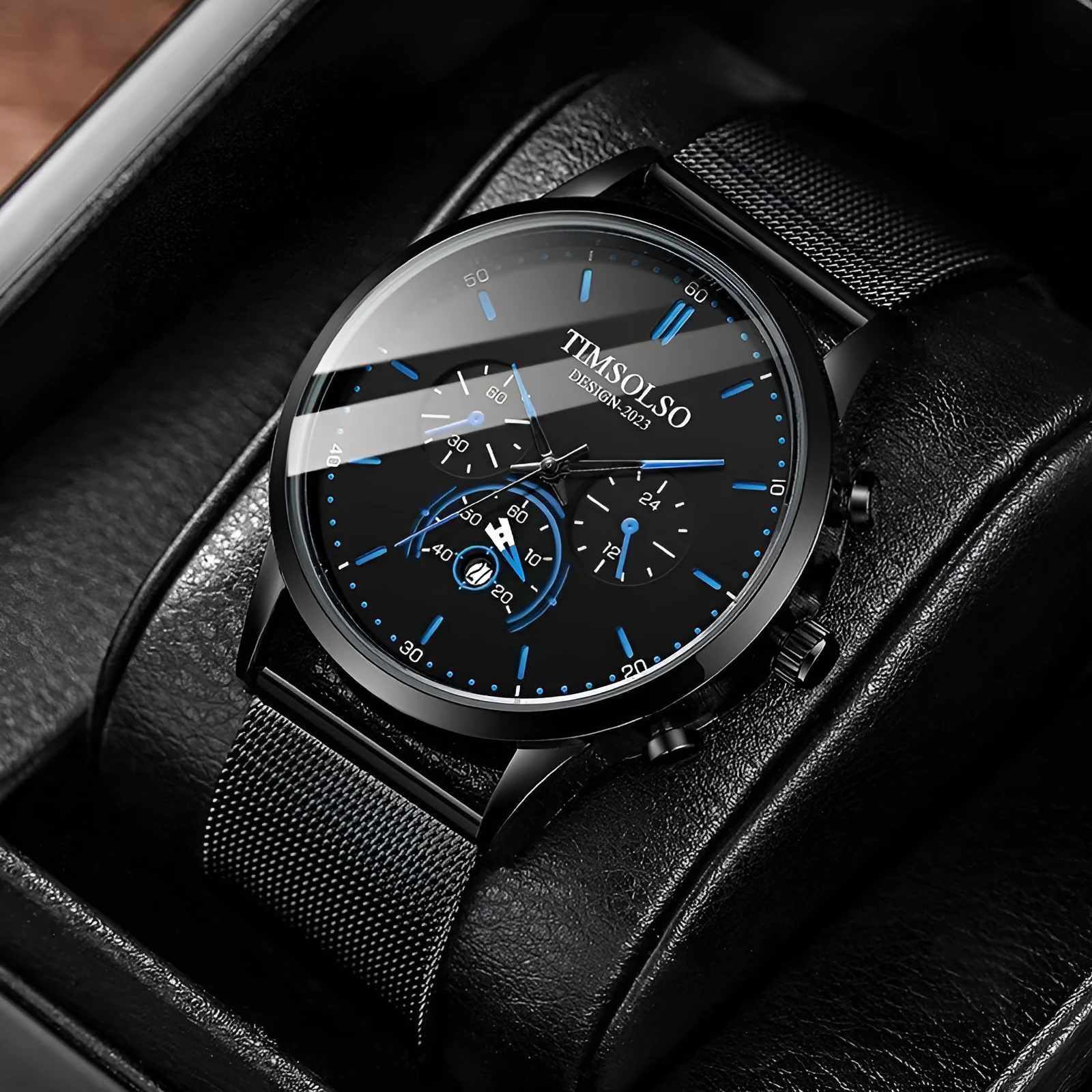Ultra-thin 6mm calendar quartz watch with black two-tone metal strap, white dial, and date window