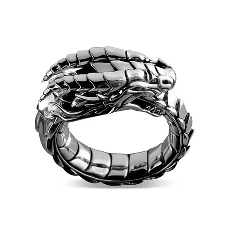 Vintage ethnic dragon ring metal Ancient Silver for men sizes 6 to 12