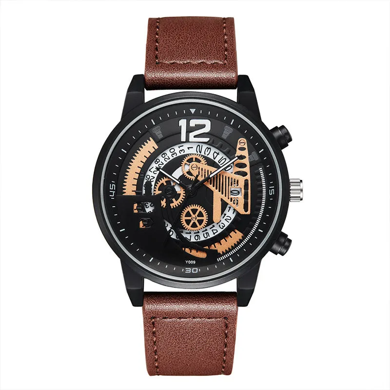 Men quartz watch with hollowed-out dial and calendar, 11mm thickness, black colour