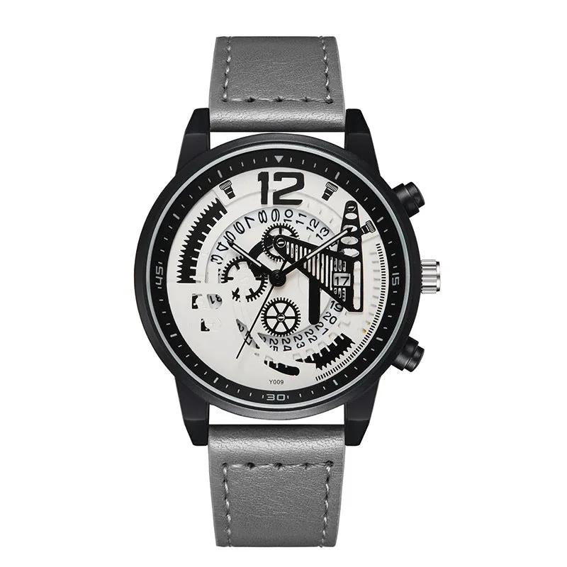 Men quartz watch with hollowed-out dial and calendar, 11mm thickness, black colour