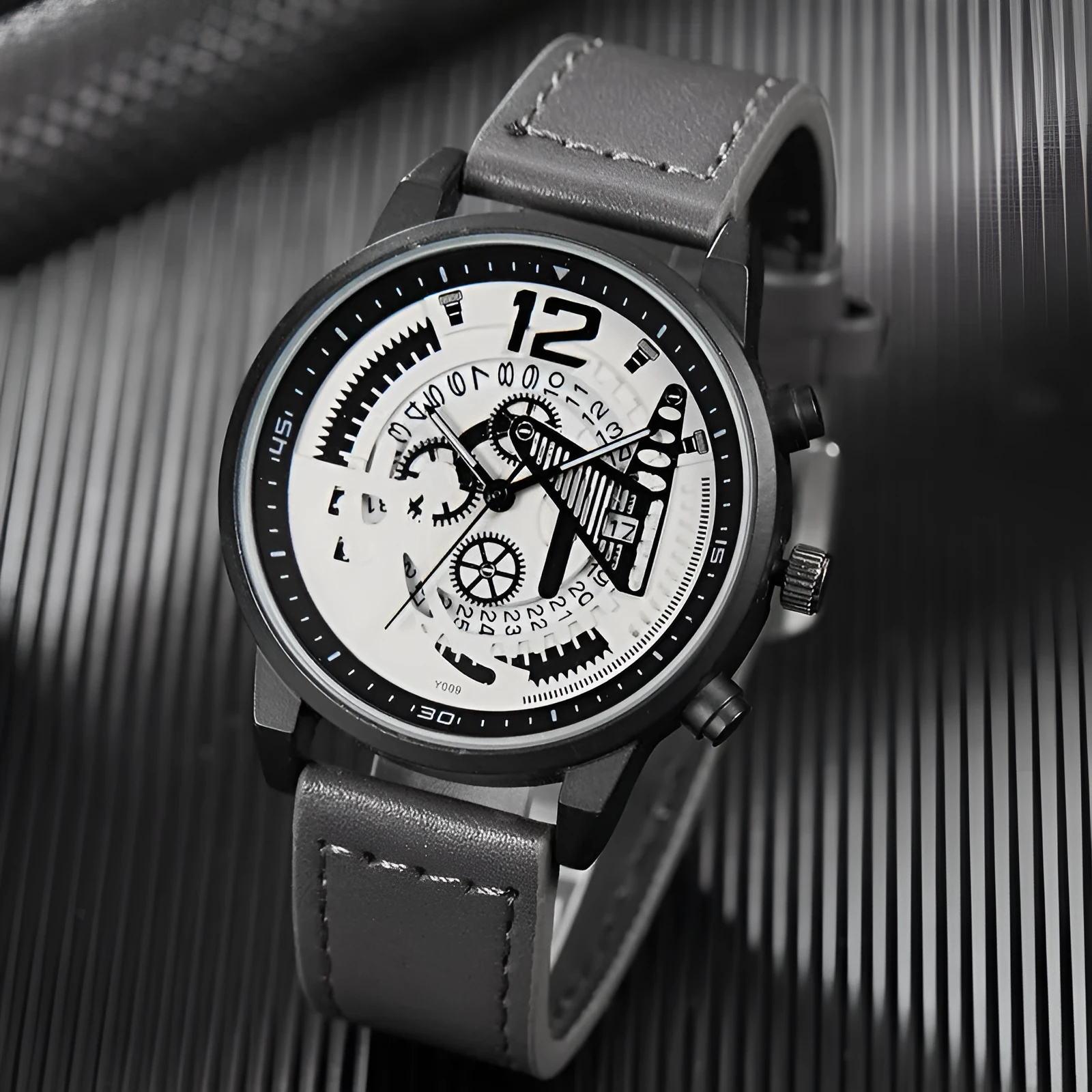 Men quartz watch with hollowed-out dial and calendar, 11mm thickness, black colour