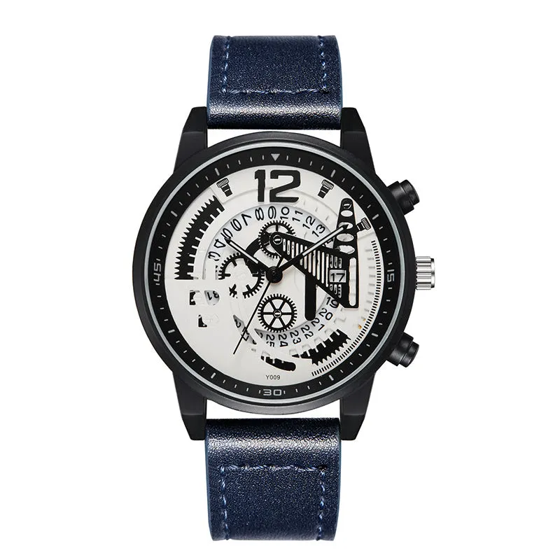 Men quartz watch with hollowed-out dial and calendar, 11mm thickness, black colour