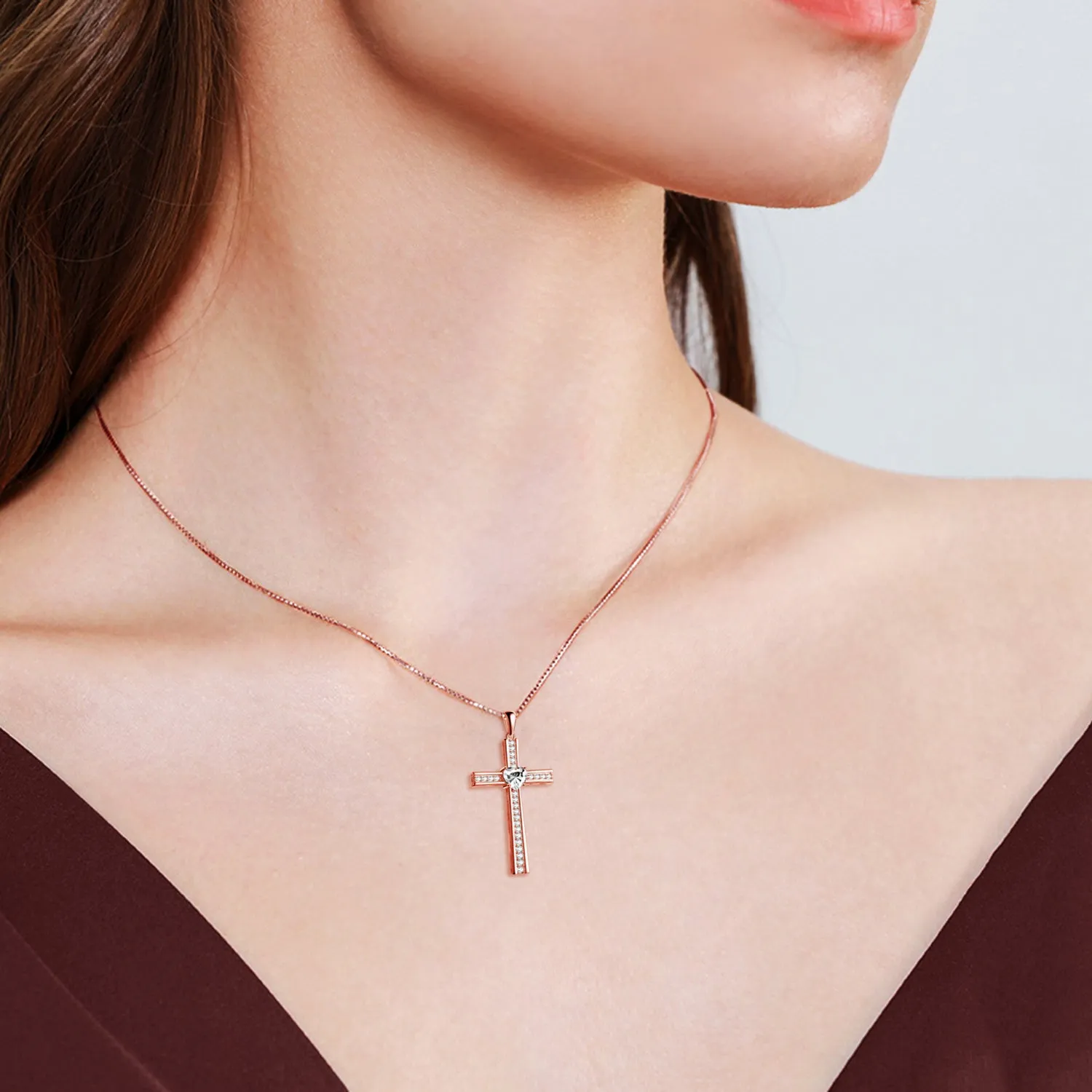 Rose gold plated cross necklace on 925 silver chain with birthstone pendant for women