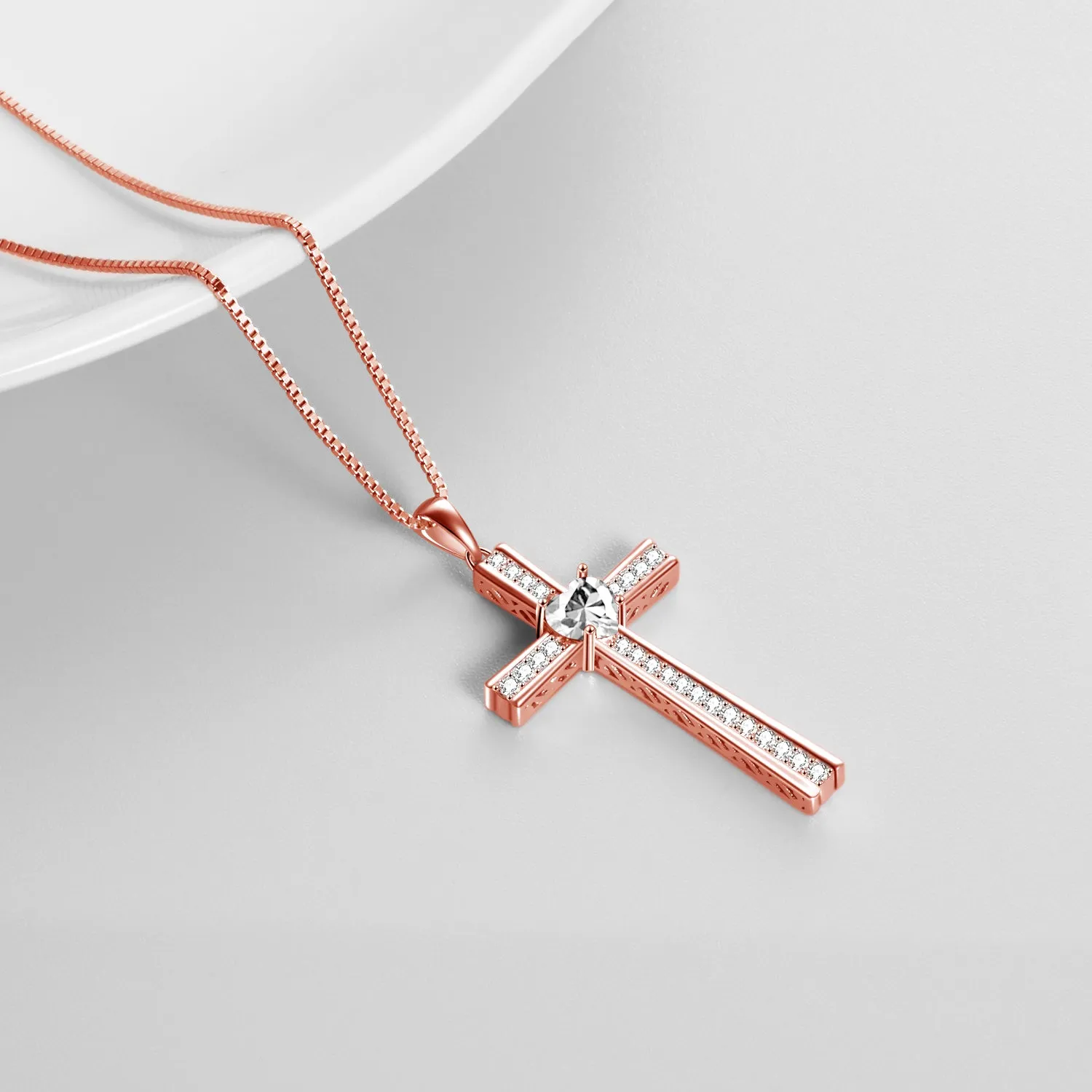 Rose gold plated cross necklace on 925 silver chain with birthstone pendant for women
